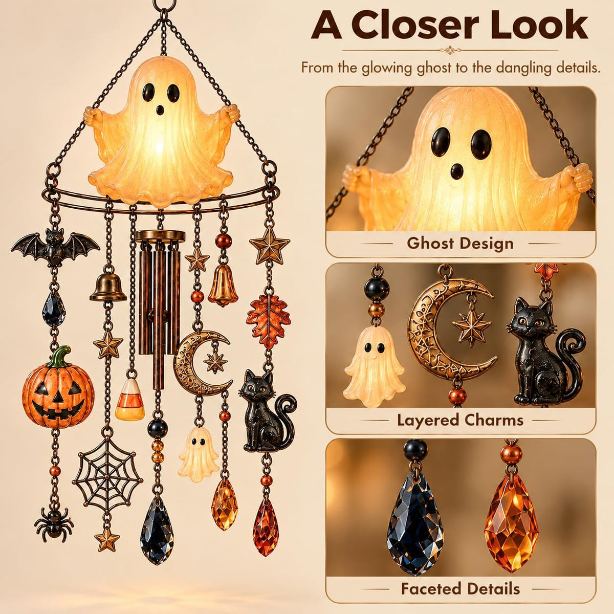 Halloween Ghost Wind Chime, Light Up Hanging Decoration with Pumpkin, Black Cat, Bat and Moon Charms, Warm Glow Halloween Decor for Window and Entryway