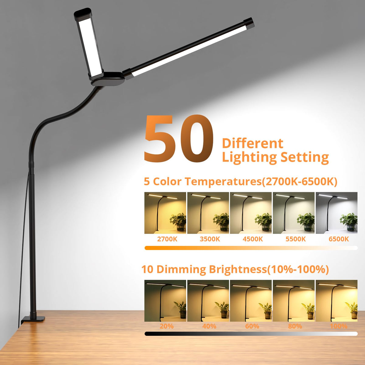 Woputne Dual Head Led Desk Lamp with Clamp for Home Office Study, 24W,Black