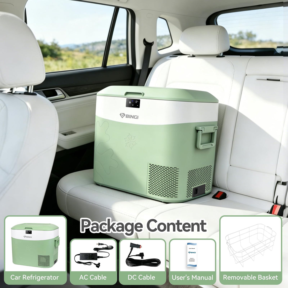BINGI 12.8L Car Fridge Freezer Portable Compressor Cooler, 12V/24V DC & 100-240V AC Mini Refrigerator for Camping, RV, Truck, Boat, Travel, Picnic, Home Use (-18℃ to 15℃)