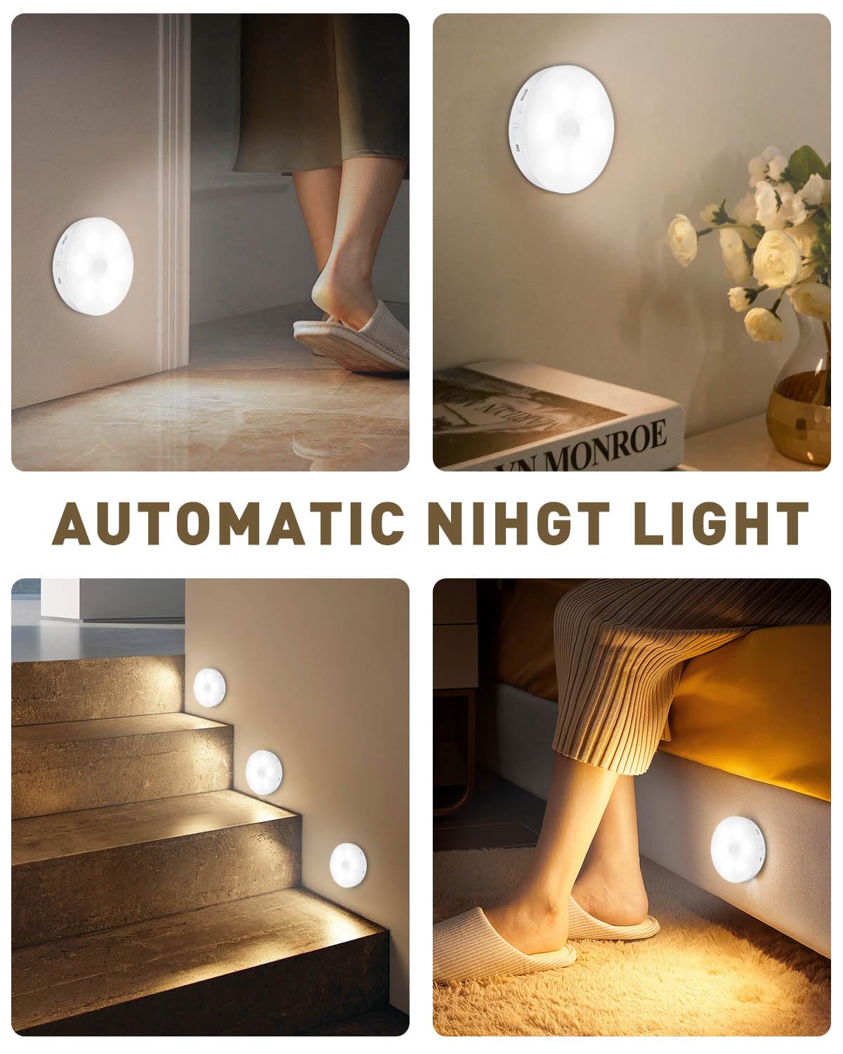 Motion Sensor Lights Indoor, 6 Pack Cupboard Lights, Stair Lights Night Lights, 3 Modes USB Charging Wall Lights, Magnetic Sensor Lights Indoors for Kitchen Stair Closet Under Cabinet