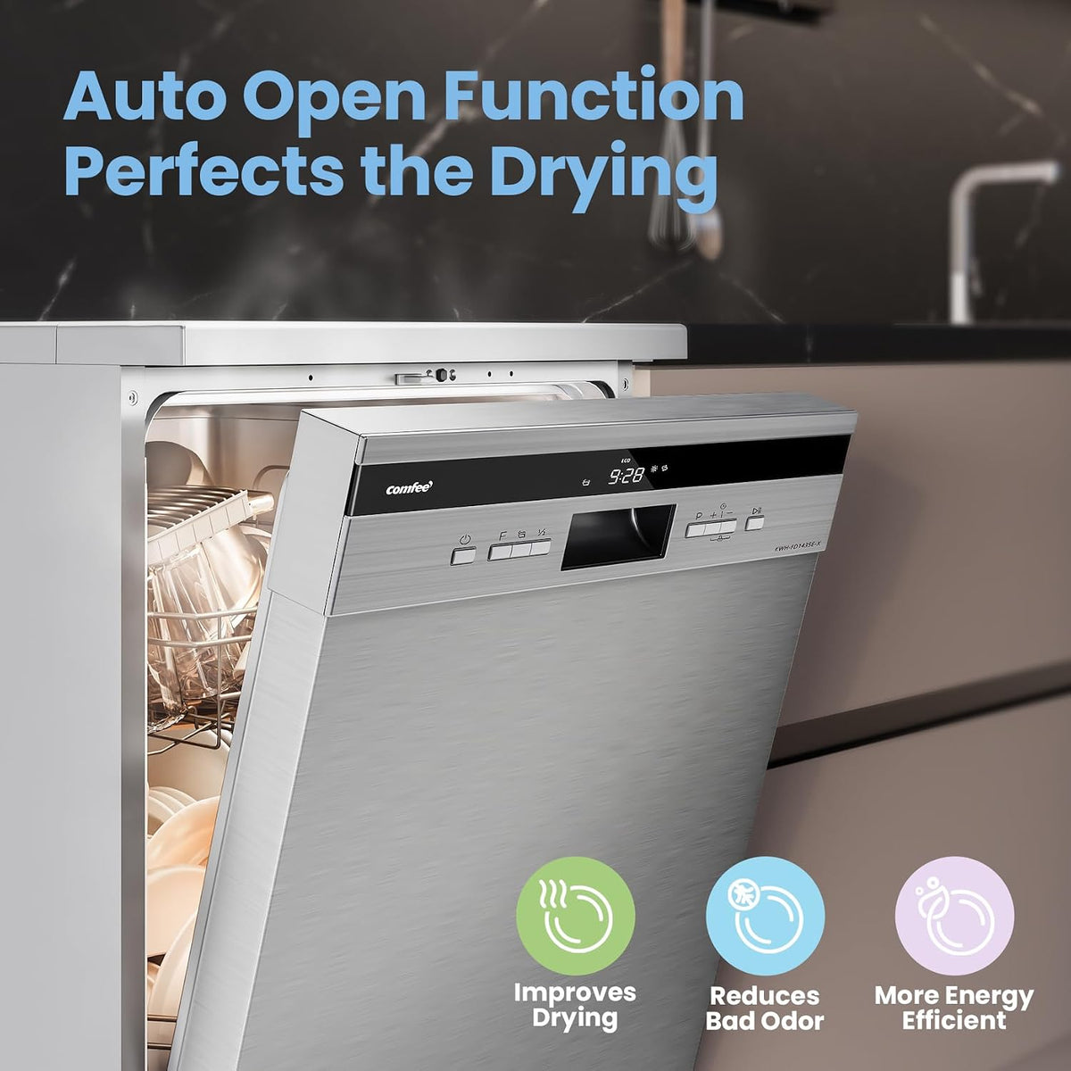 COMFEE' 60cm Freestanding Dishwasher, 14 Place Settings, Stainless Steel