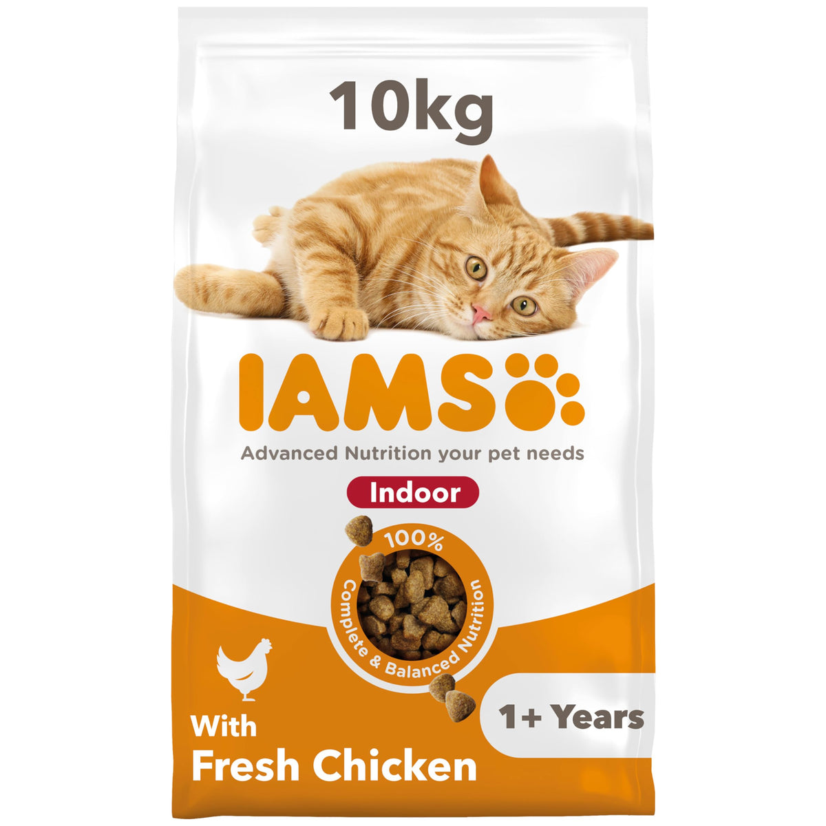 IAMS Indoor Complete Dry Cat Food Chicken 3kg - Litter Odour Control, Hairballs & Weight Management