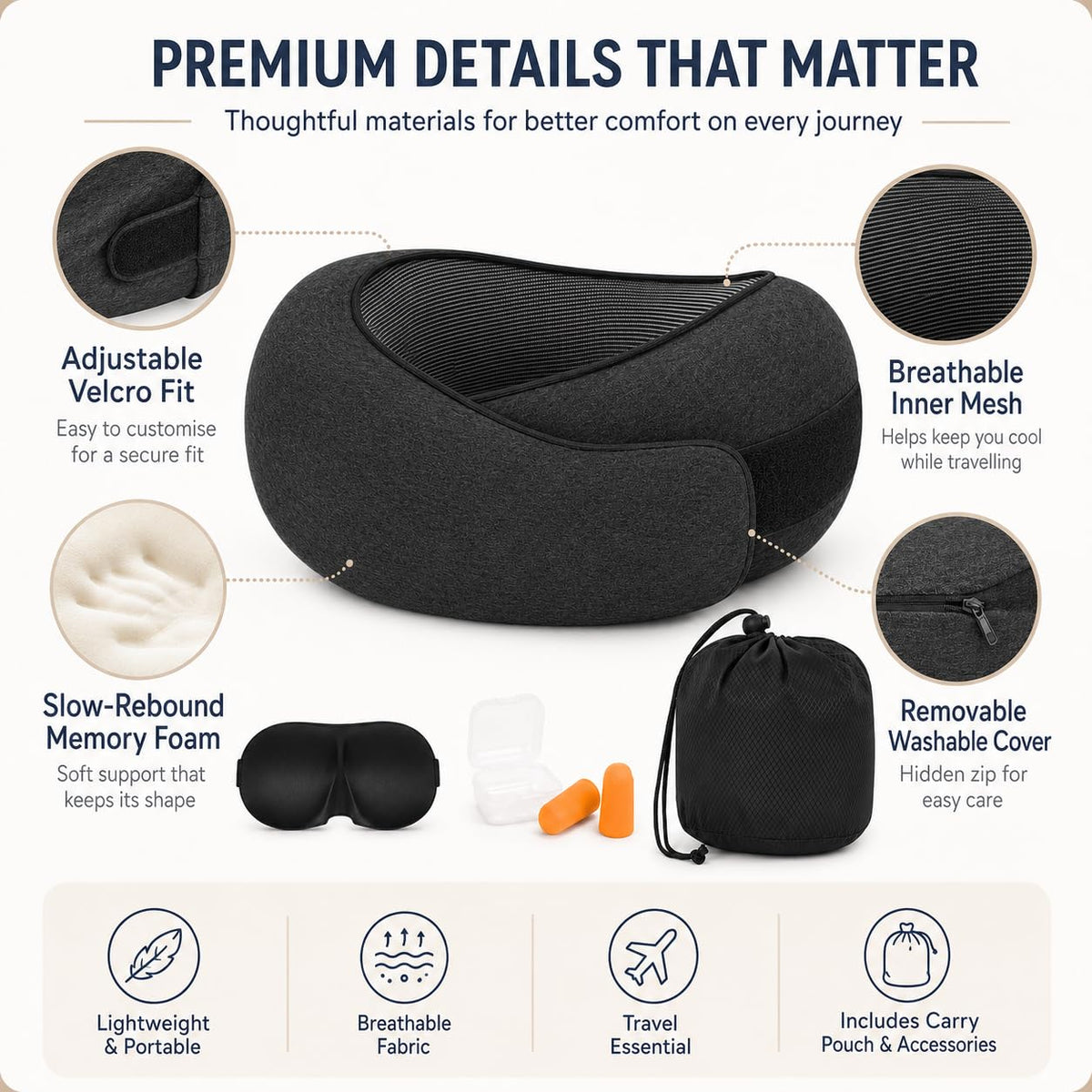 Memory Foam Travel Neck Pillow, 360° Support with Eye Mask&Earplugs