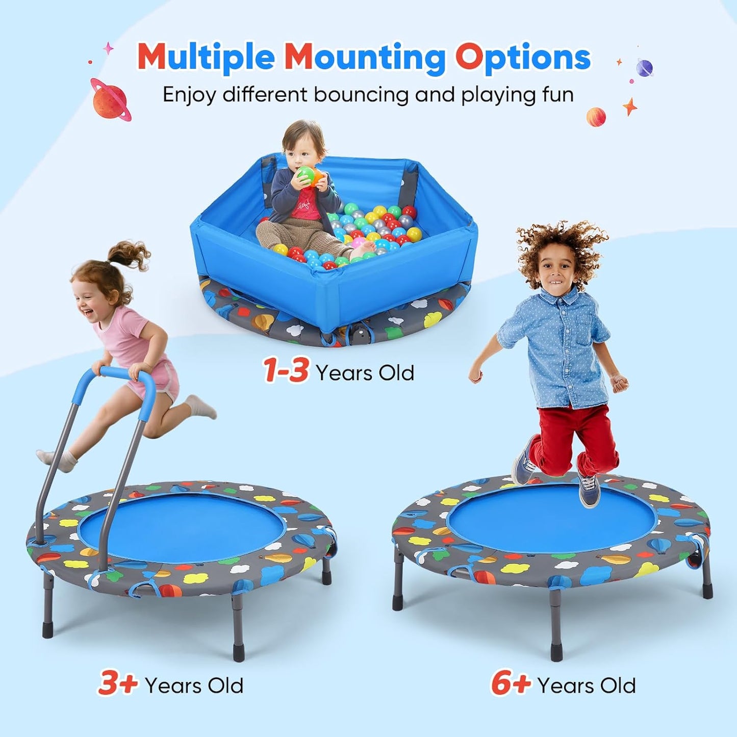 Foldable Fitness Trampoline with 100 Balls Ball Pit, Low Noise Adjustable Safety Cover and Removable Handlebar, Reinforced Oxford Fabric Quiet Exercise Rebounder for Kids Adults, Max Load 150kg