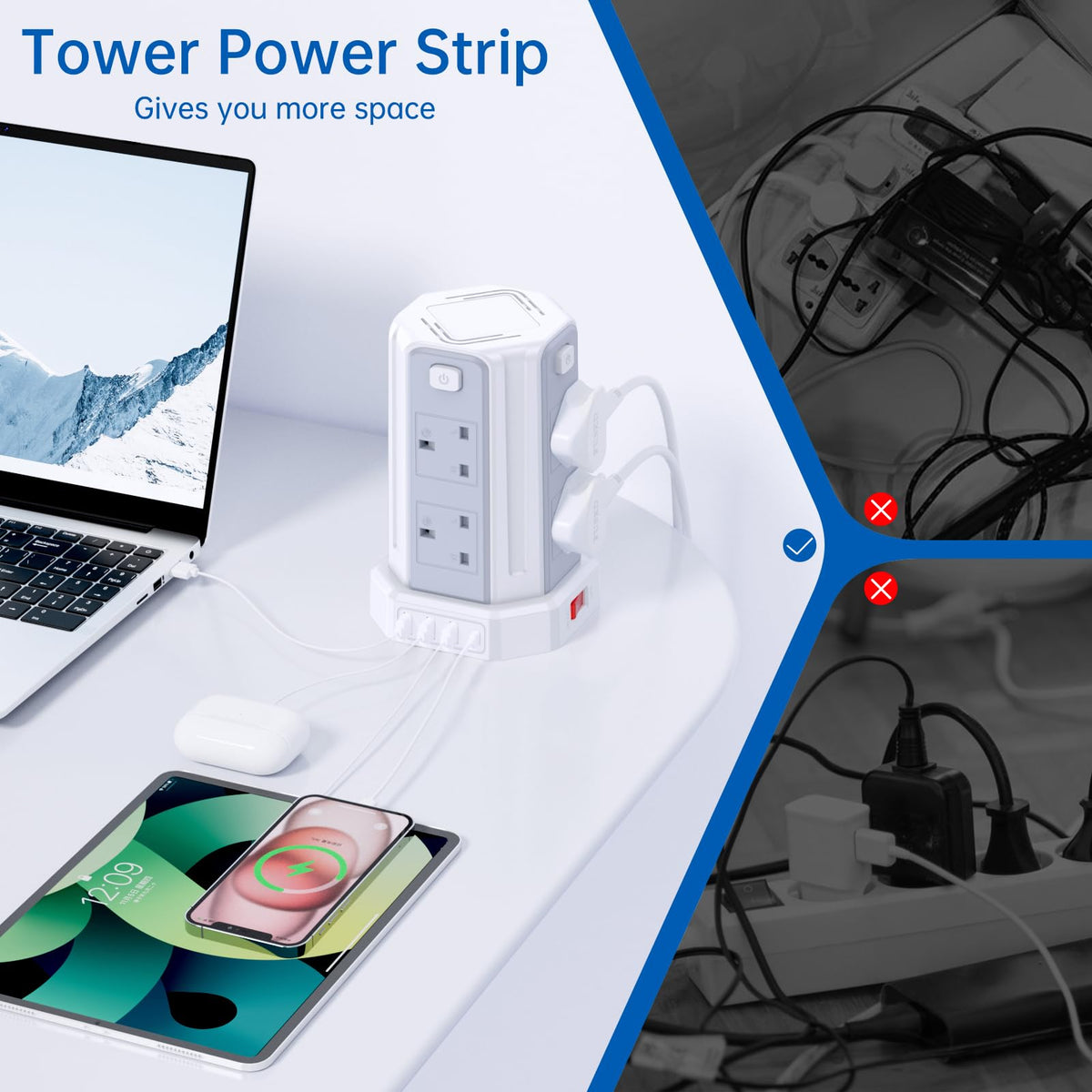 Tower Extension Lead 3M, [13A 3250W] Extension Lead, 8 AC Outlets & 4 USB Ports Multi Plug Socket Power Strip with 3M Extension Cable for Home, Office
