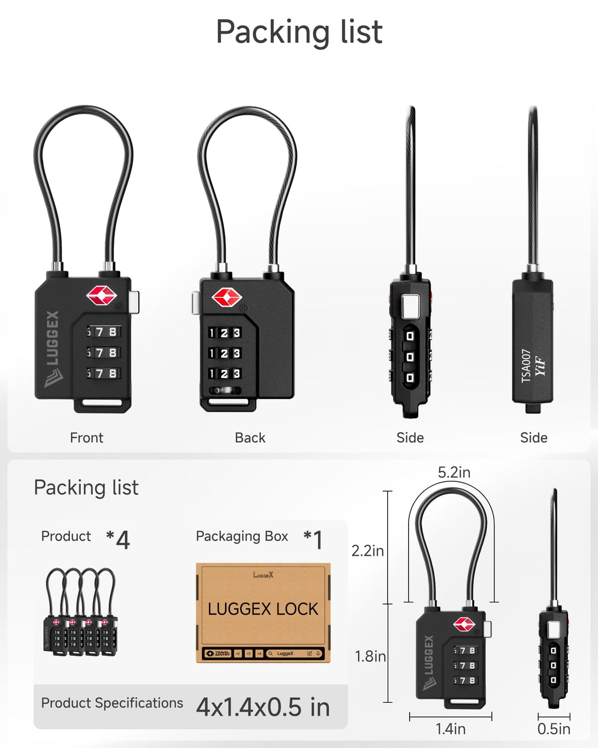 LUGGEX Suitcase Locks, Luggage Locks, TSA Approved Luggage Locks,Black,2