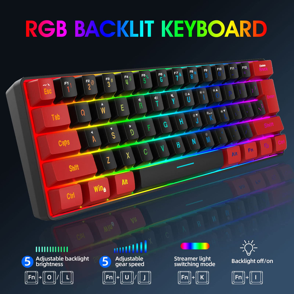 Snpurdiri Wired Mechanical Gaming Keyboard, 60% Size, LED Backlight, 61 Keys, Small Wired Office Keyboard for Windows Laptop/PC, Mac (Black-Red, Blue Switches)