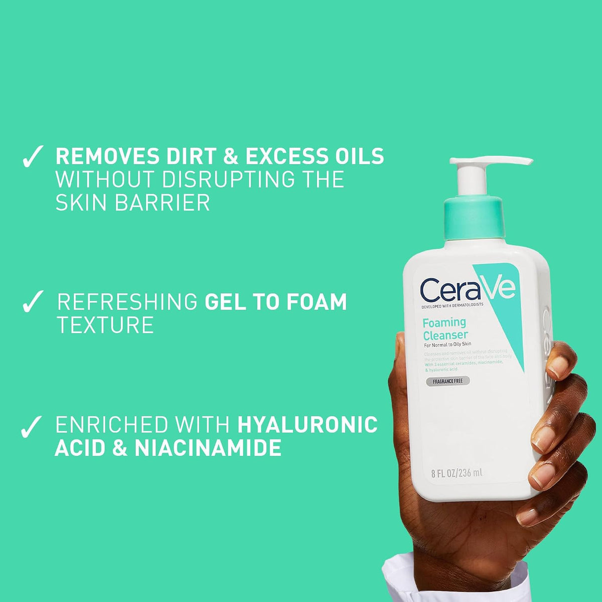 CeraVe Foaming Cleanser for Normal to Oily Skin with Niacinamide & 3 Essential Ceramides, Developed with Dermatologists, Gently Cleanses & Removes Excess Oil, Fragrance-Free