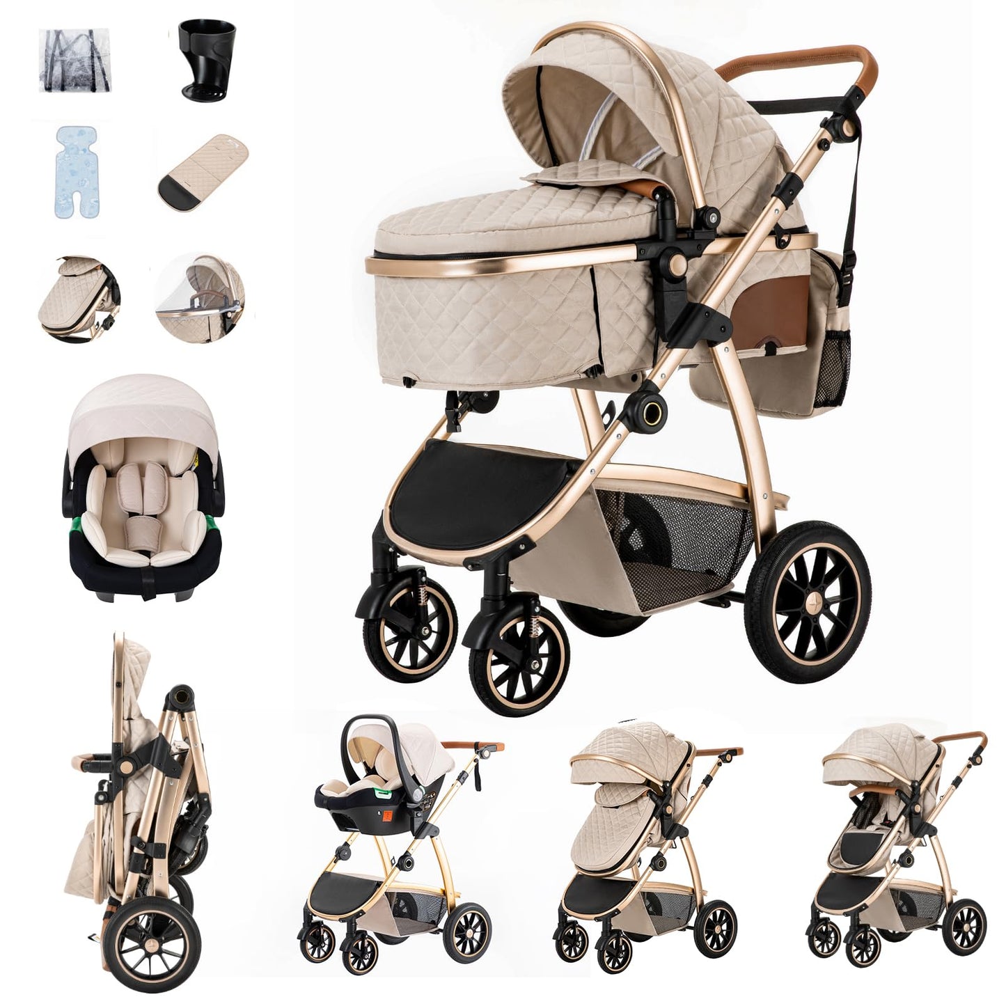 Zkipm Baby Pram 3 in 1, Foldable Baby Stroller,Pram Set Travel with Adjustable-Height Push Handle, Present Rain Cover, Mosquito Net, Bag, Cooling Mat, ect for Ages 0–3