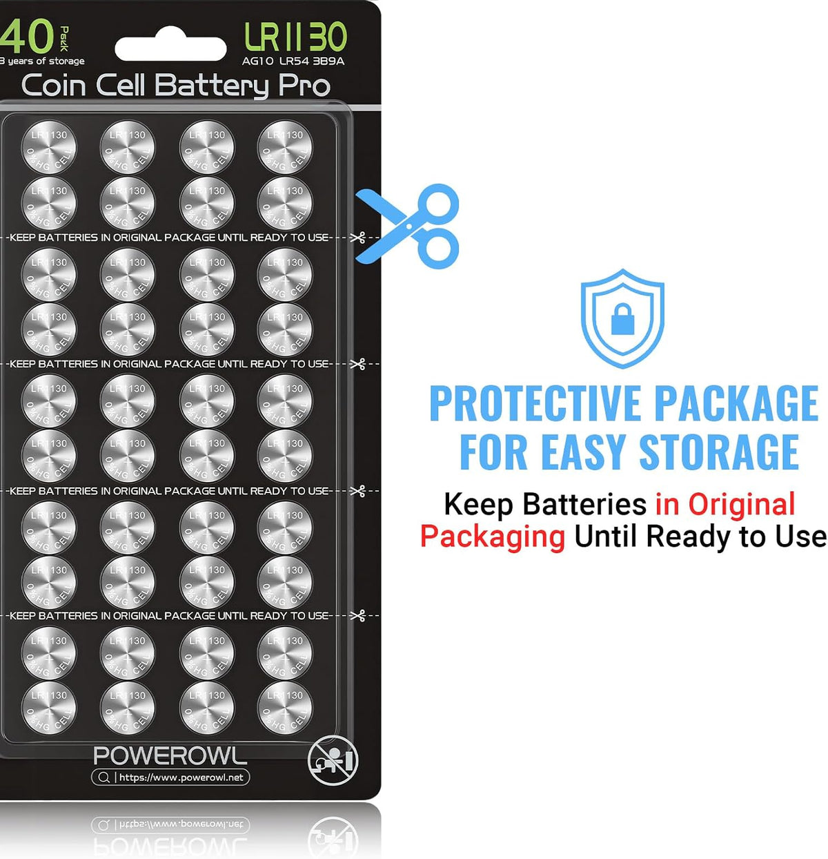POWEROWL - 40 Pack LR1130 AG10 1.5V Button Cell Batteries for Watches