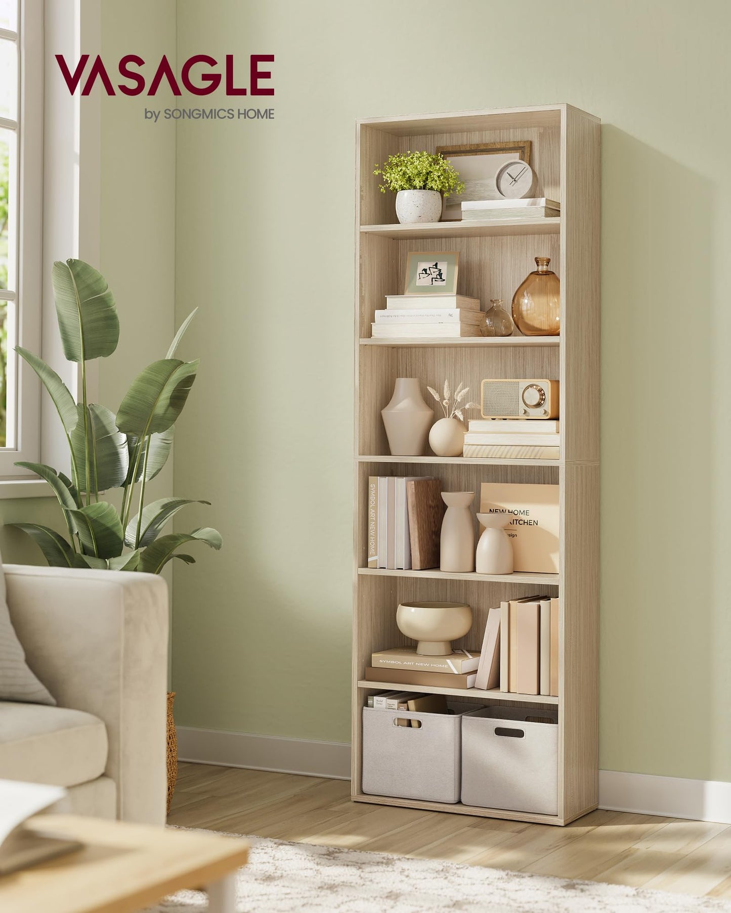 VASAGLE Bookcase, 6-Tier Bookshelf, Open Storage Shelf, Shelving Unit, 24 x 60 x 178.5 cm, for Living Room, Home Office, Dinning Room, Cloud White LBC169T14