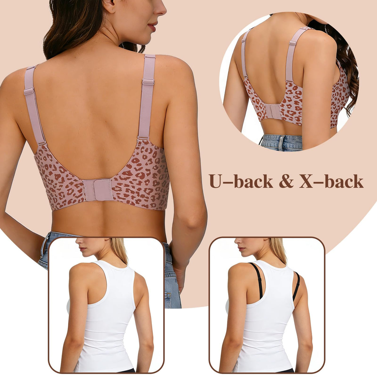 Seamless Jelly Bra,Full Cup Leopard Print Bra Comfort Sleep Jelly Push Up Bra Seamless No Under Wireless Bras for Women UK Everyday T Shirt Bras