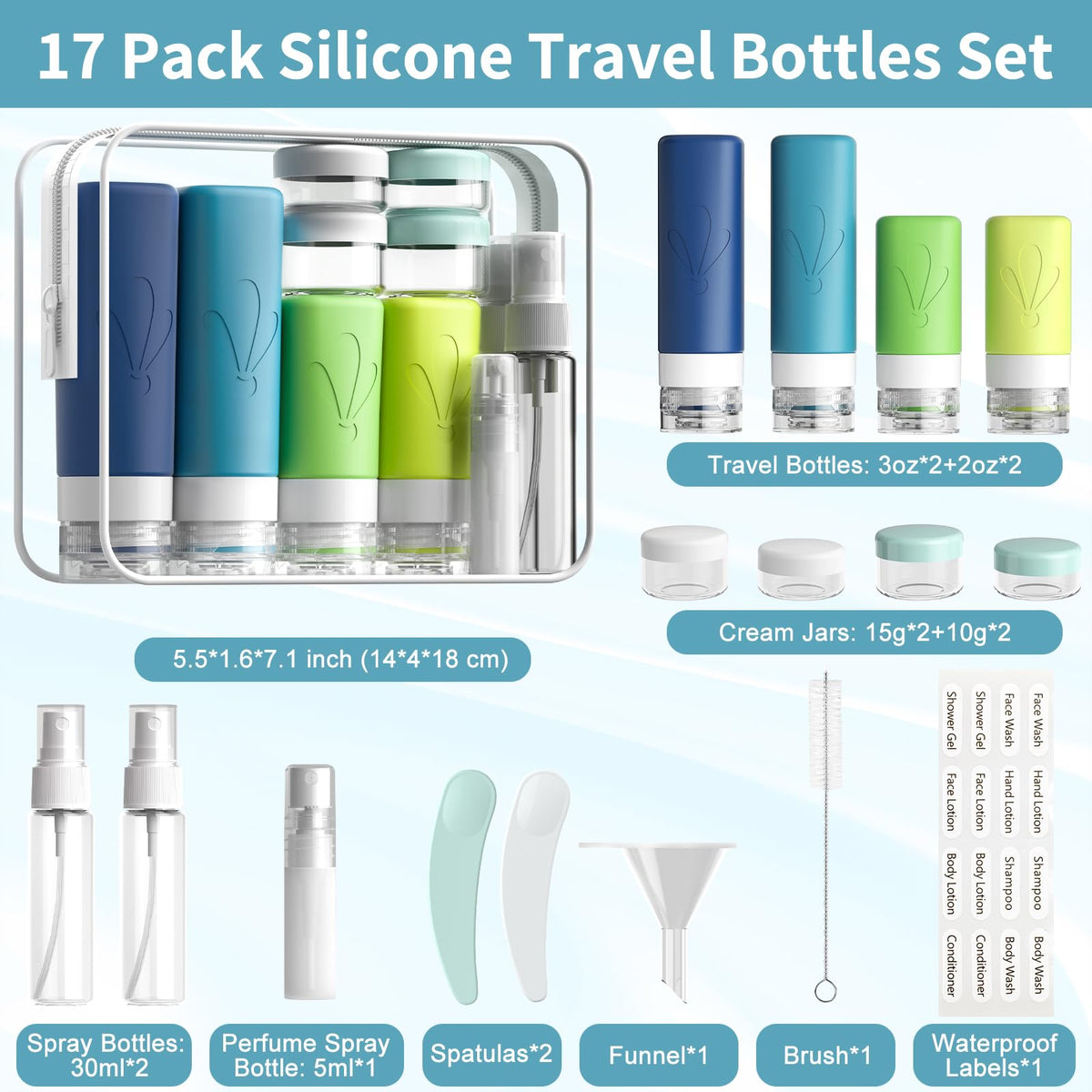 INSFIT Travel Bottles for Toiletries, 17 Pack Leakproof Travel Size Toiletries, Airplane Travel Essentials, Holiday Essentials for Women and Men with Labels/Clear Bag