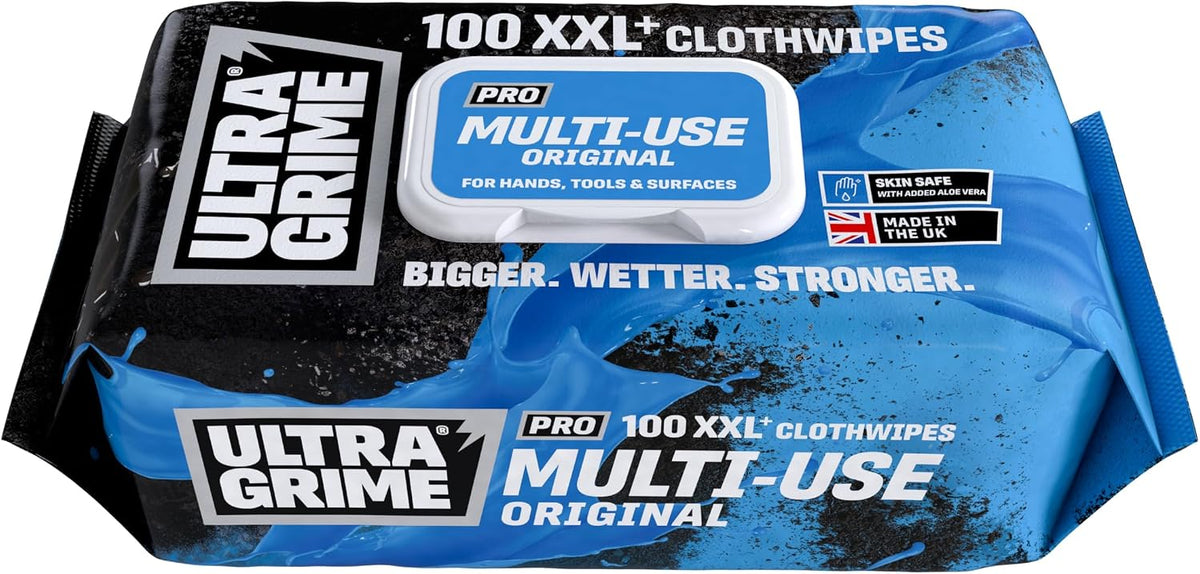 UltraGrime PRO Multiuse Wet Wipes - Heavy-Duty Cleaning Cloths & Hand Wipes Alcohol-Free - Grease, Tools, Industrial Surface Cleaning Wipes - Extra Large Professional Cloth Wipes (Pack of 100)