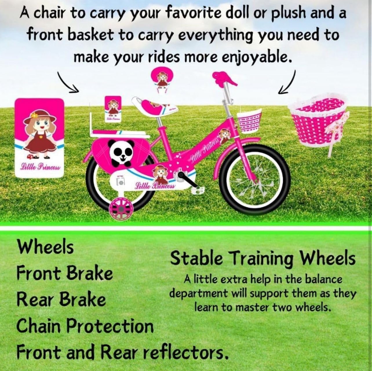 Pink Girls Bike 16" with Stabilisers, Basket & Bell — Adjustable Seat & Handlebars