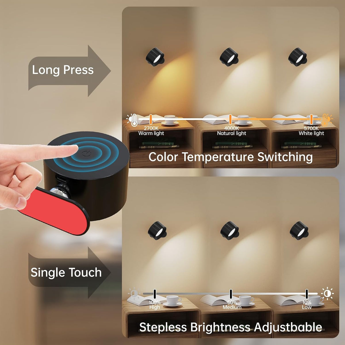 Coollamp LED Battery Operated Wall Lights, 3Pack Wall Lamp with Remote Control 3 Color Modes 3 Brightness Levels 360°Rotate Magnetic, Reading Lights for Living Room Bedroom Black