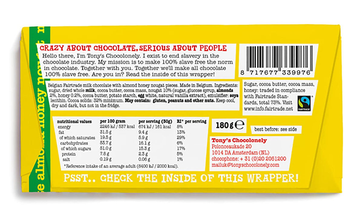 Tony's Chocolonely Milk Chocolate Bar - 180g Belgian Fairtrade Chocolate, Gift, 32% Cocoa, Vegetarian