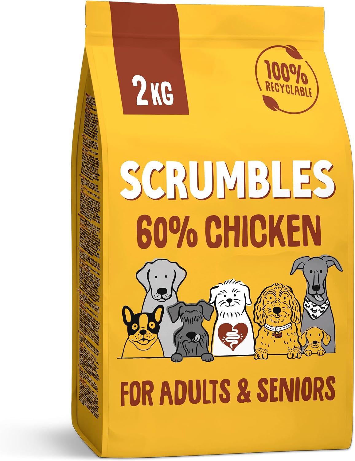Scrumbles • Dry Dog Food • Hypoallergenic • All Lifestages • Chicken 60% • 2kg Bag • Natural Complete Adult Recipe • Gut Friendly Prebiotics & Probiotics • Gluten Free