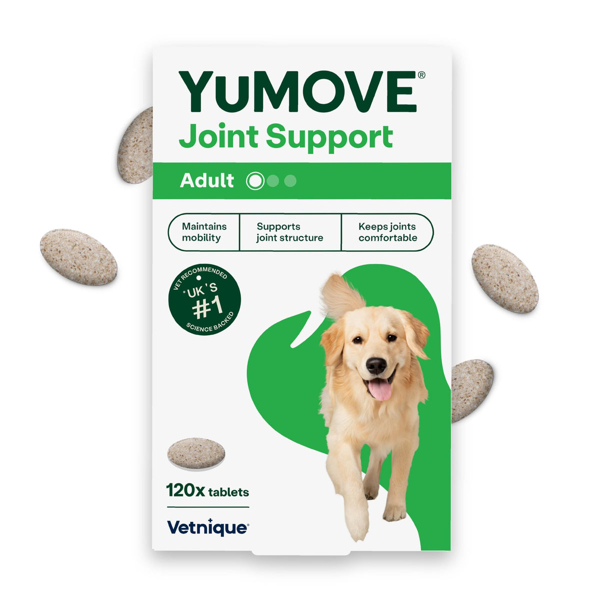YuMOVE Joint Supplement for Dogs, Higher Strength for Joint Care, Essential Dog Hip and Joint Support for Adult Dogs Aged 6 to 8, 120 Tablets - Eco Friendly and Letter Box Ready Packaging