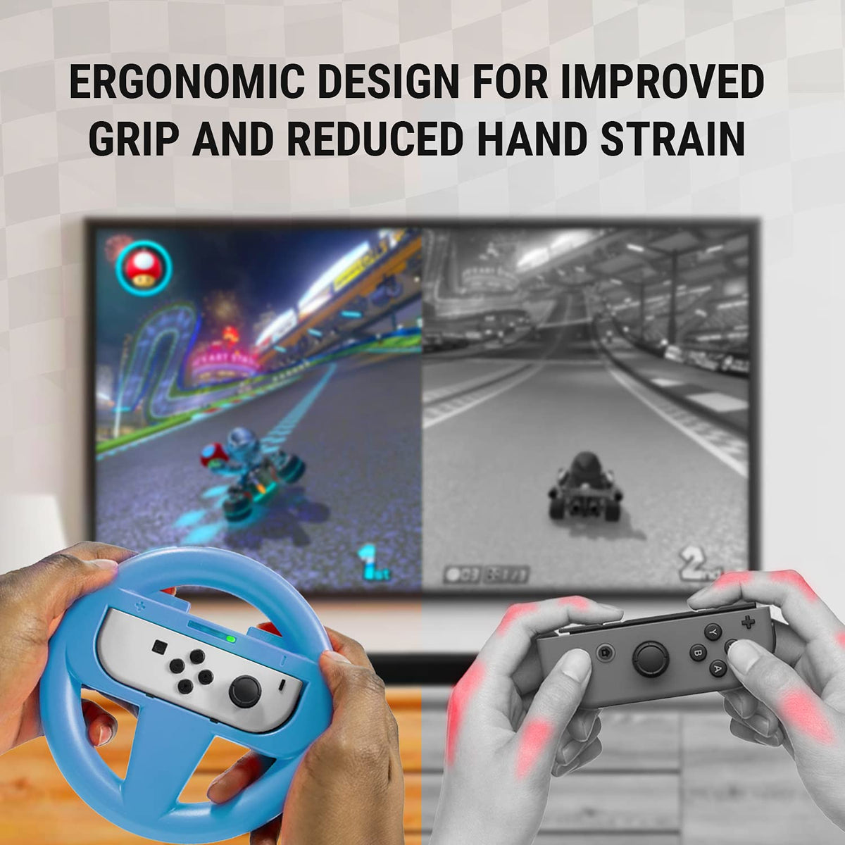 Orzly Racing Steering Wheels – Compatible with Switch 2 (2025 Console) – Party Pack of 4 Joy-Con Controller Attachments for Racing Games (2 Black, 1 Blue, 1 Red)