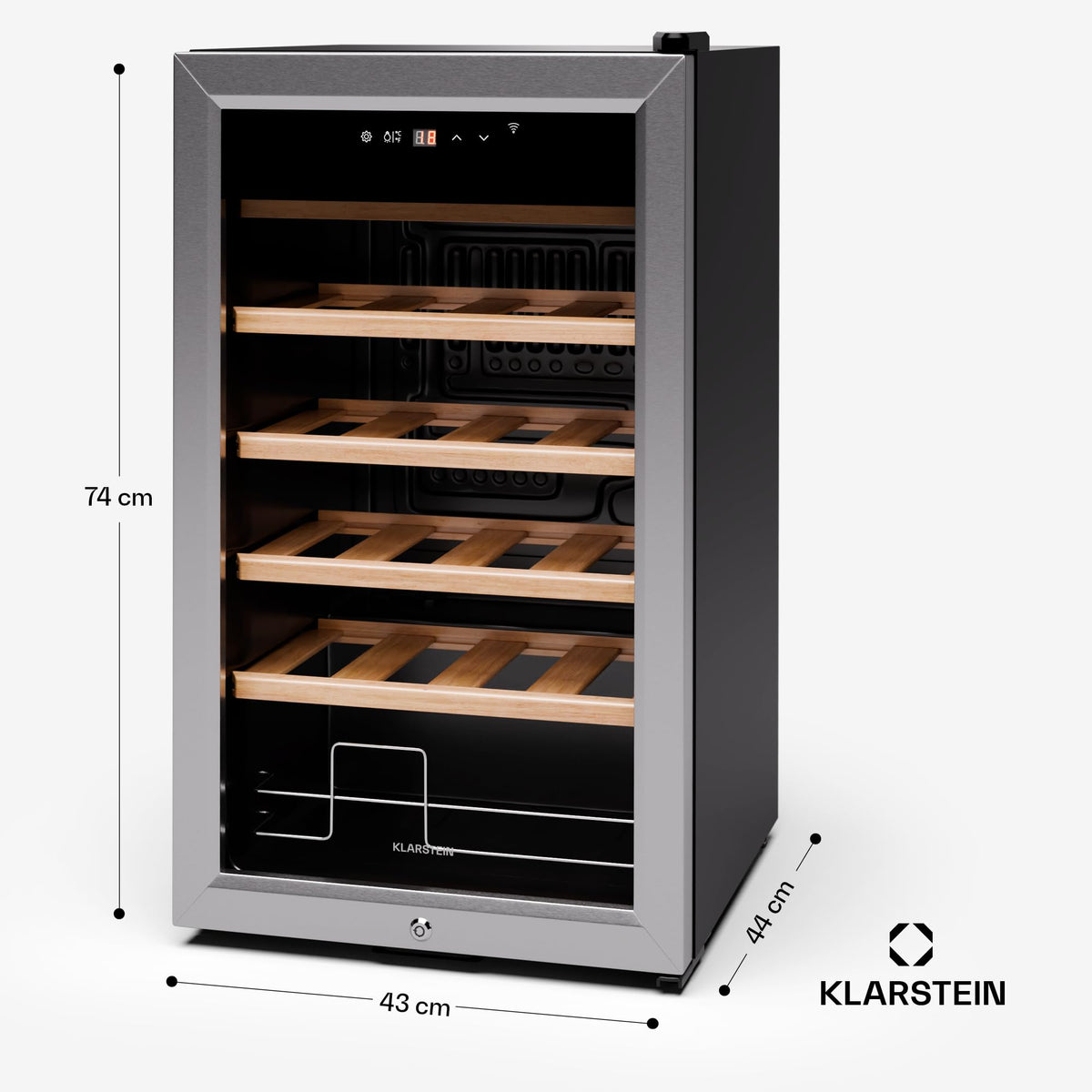 KLARSTEIN Shiraz Wine Cooler Black – 8 Bottles, 1 Zone | Freestanding Wine Fridge with Glass Door, Quiet, 5–18 °C, LED, Stainless Steel Frame