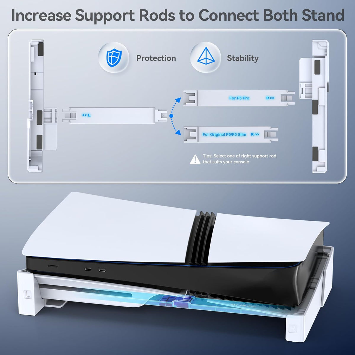 OIVO PS5/Slim/Pro Horizontal Stand for Disc & Digital Console, Protective Stable PS5 Accessories Base Stand with Upgraded Support Rods on Bottom & Scalable Design for PlayStation 5 Console Faceplates