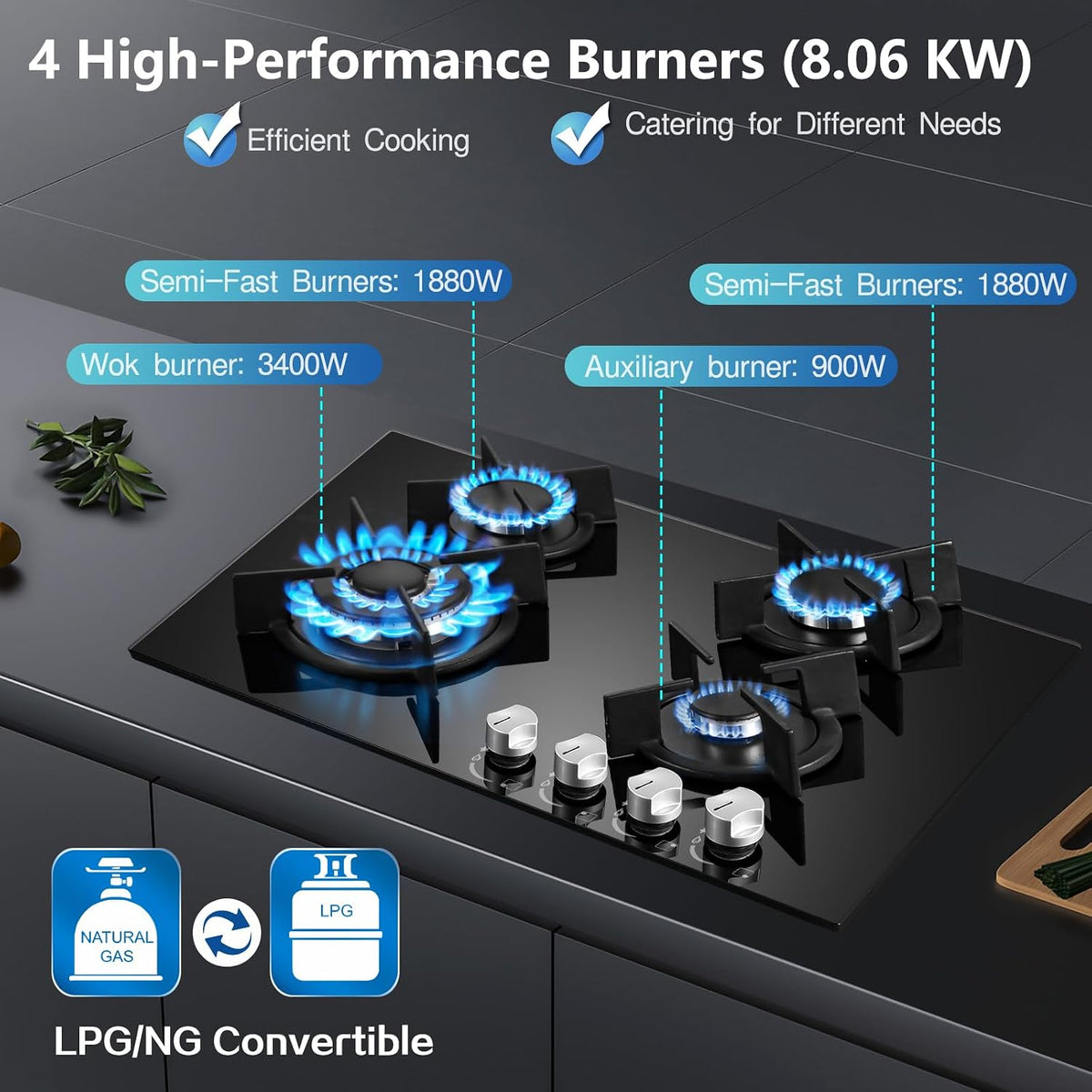 TopStrong Gas Hob 4 Burners, 60cm Black Glass Built-in Cooktop with 8060W Wok Burner & Thermocouple Protection, Natural Gas & LPG Compatible