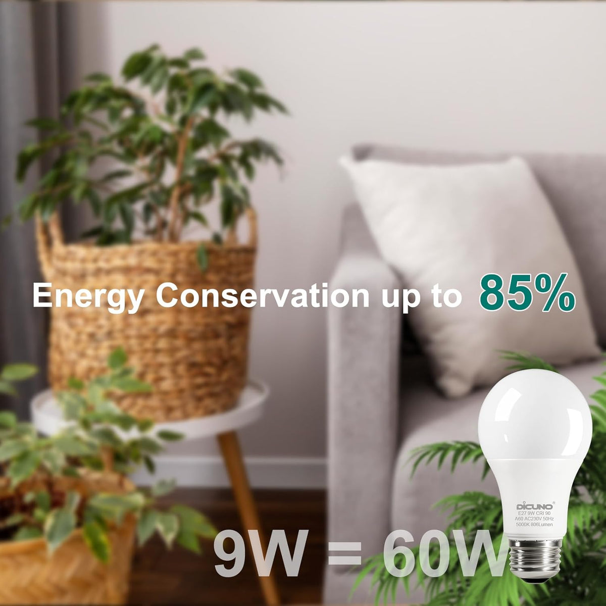 DiCUNO E27 Screw LED Bulb, 9W=60W, Daylight White 5000K, 806LM, 2Pcs