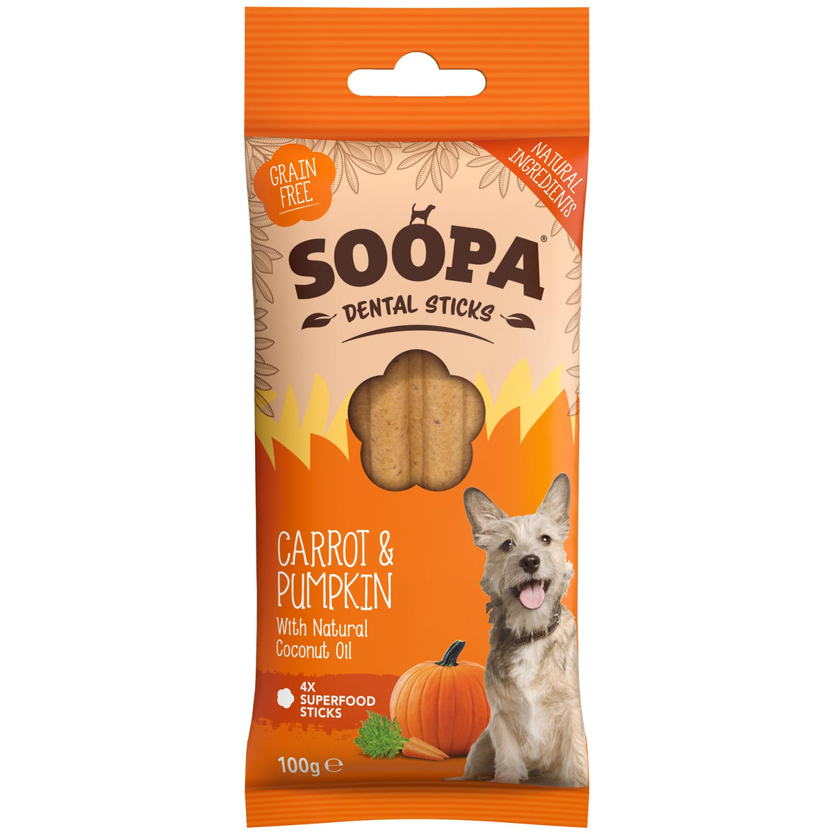 Soopa Carrot & Pumpkin Dog Dental Sticks, Chews to Clean Teeth, 100 g, 1-Pk