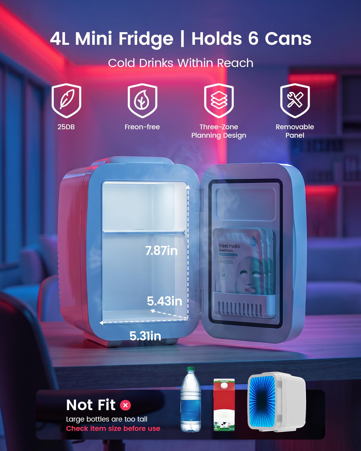Mini Fridge, 4 Litre/6 Can Small Fridge with Dimmable LED Light, AC/DC Portable Mini Cooler and Warmer, Gaming Fridge for Bedroom, Office, Games Room and Car Great Gift for Teens