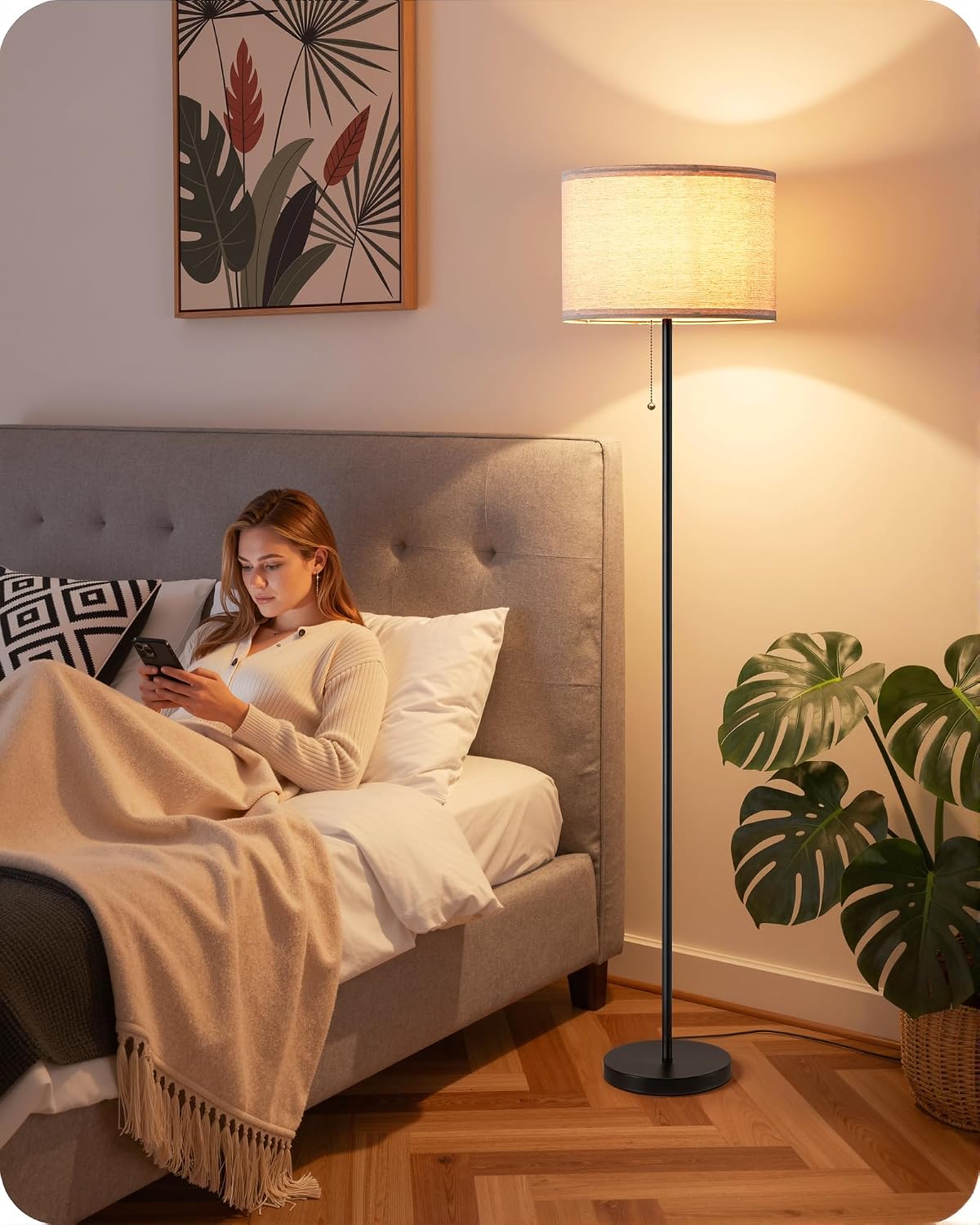 EDISHINE 57'' Modern Floor Lamp with Linen Shade, 2700K LED Bulb Included