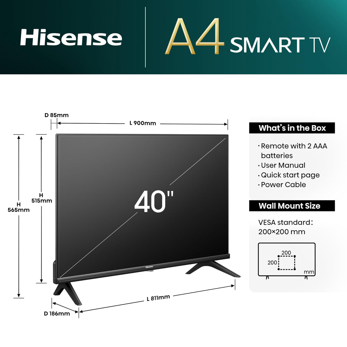 Hisense 40" 40A4QTUK FHD LED TV with Freely - Direct Lit LED, Dolby Audio, Natural Colour Enhancer, Games Mode, Sports Mode, Disney +, YouTube, Netflix