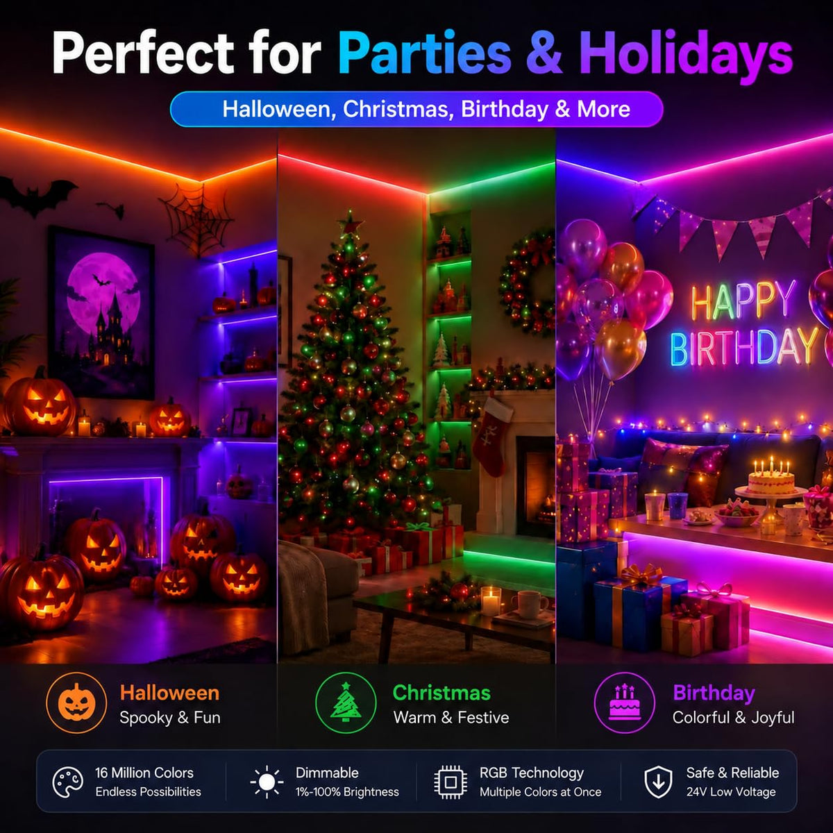 20M RGB LED Strip Lights for Bedroom, Music Sync Colour Changing LED Tape with Bluetooth App & Remote, 16M Colours, Dimmable, Timing Mode, Self-Adhesive for Home Party Kitchen Christmas Decor