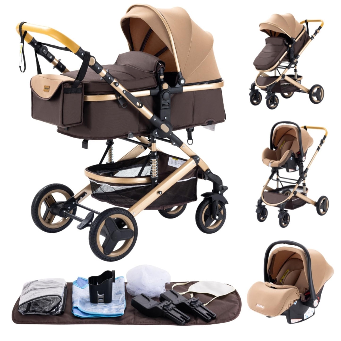 YAZOCO 3 in 1 Prams Travel System, Foldable Lightweight Baby Stroller, Adjustable Handle, Aluminum Frame for Newborn 0-4 Years Changing Bag (530 Black)