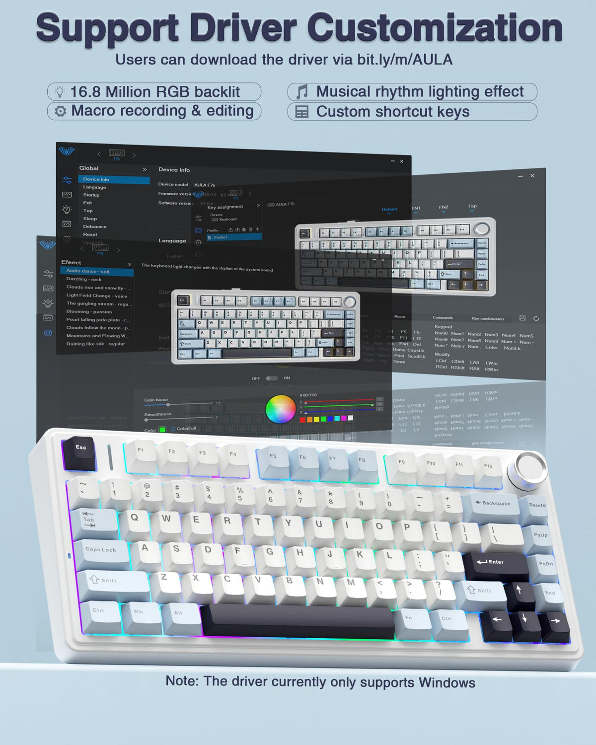 AULA F75 75% Wireless Mechanical Keyboard,2.4Ghz/Type-C/BT5.0 Gaming Keyboards,Advanced Structure,RGB Backlight,Hot Swappable Custom Keyboard for PC/Mac (Cool Black)