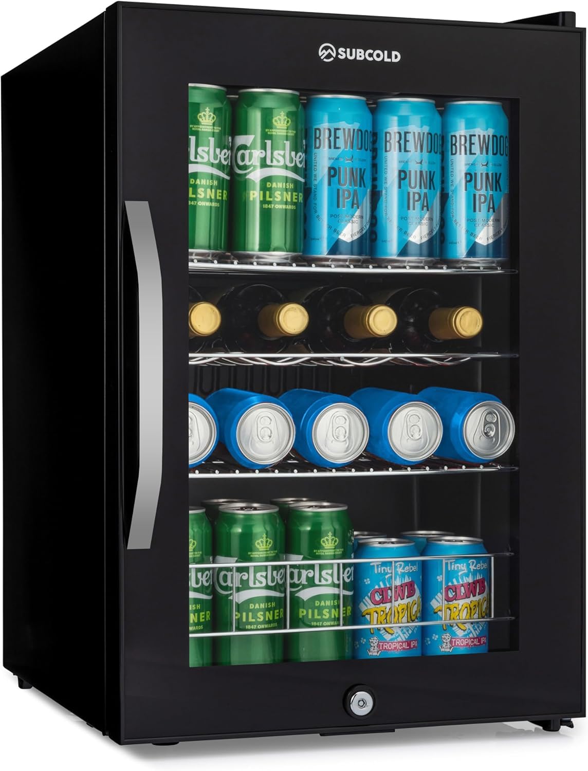 Subcold Ace90 LED Touch Control Beer Fridge With Glass Door | Premium Drinks & Wine Fridge | Black Alu Handle, Auto Defrost, Lockable | 91 Cans | Ideal for Home Bar Undercounter