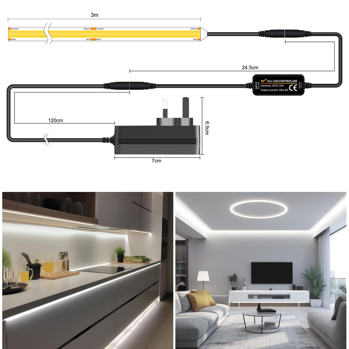 TTWAY COB LED Strip Lights 2700K, Dimmable LED Strip Kit, Super Bright 24V LED Tape Lights CRI90+ with RF Remote and UKCA Power Supply for DIY Home Decoration, 5M, 2400LEDs, Warm White.