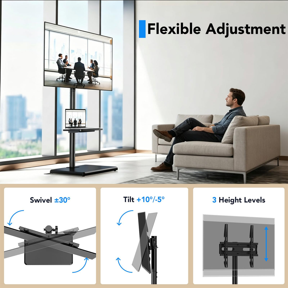 Floor TV Stand with Mount for 26-55 inch TVs up to 35 kg, Height Adjustable Swivel Tilt TV Stand with Wood Base & Shelf, Saving Space Design for Bedroom, Living Room and Corner, White