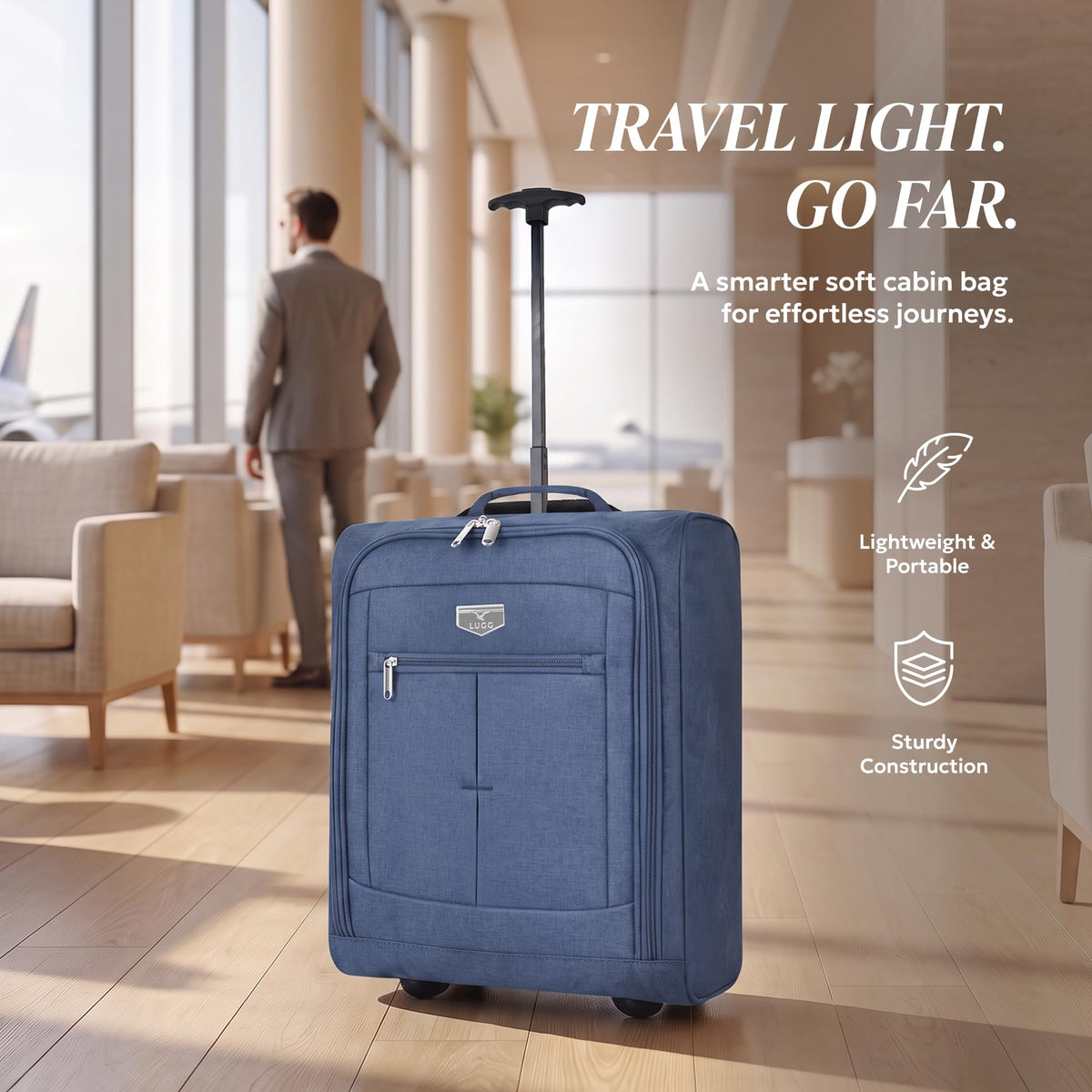 LUGG Lightweight Cabin Luggage, 600D Polyester, Solid Wheels, 45x36x20cm