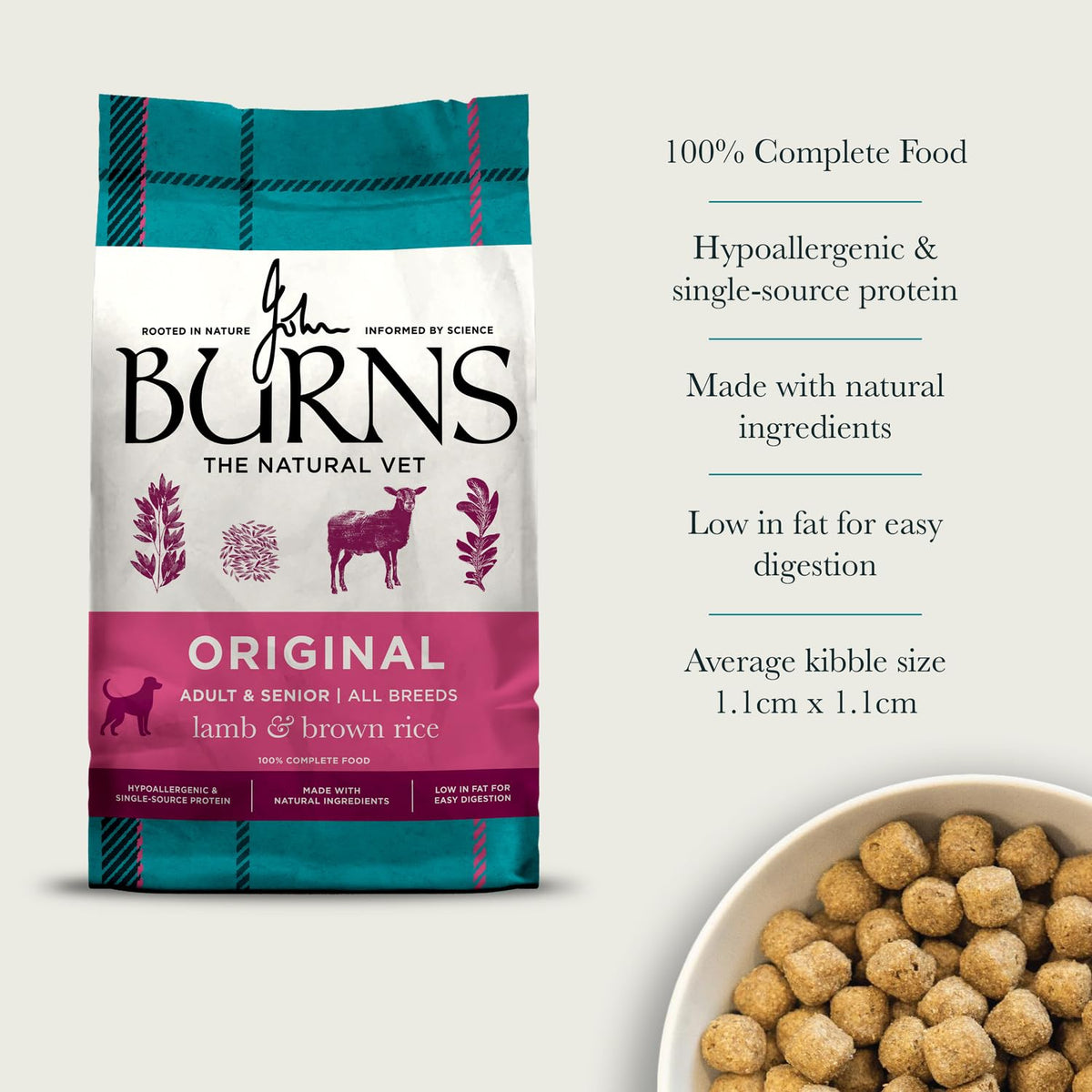 Burns Pet Nutrition Hypoallergenic Complete Dry Dog Food Adult and Senior Dog Original Chicken and Brown Rice 12 kg