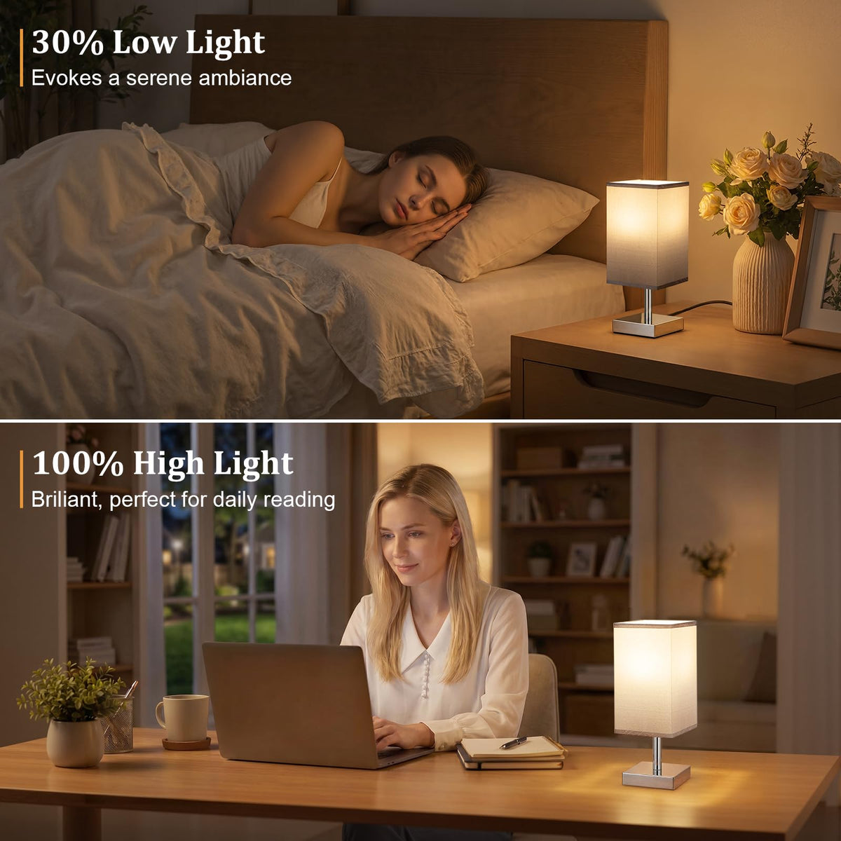 White Table Lamp for Bedroom, Small Bed Lamp with for Bedroom, Silver Base(Bulb Included)