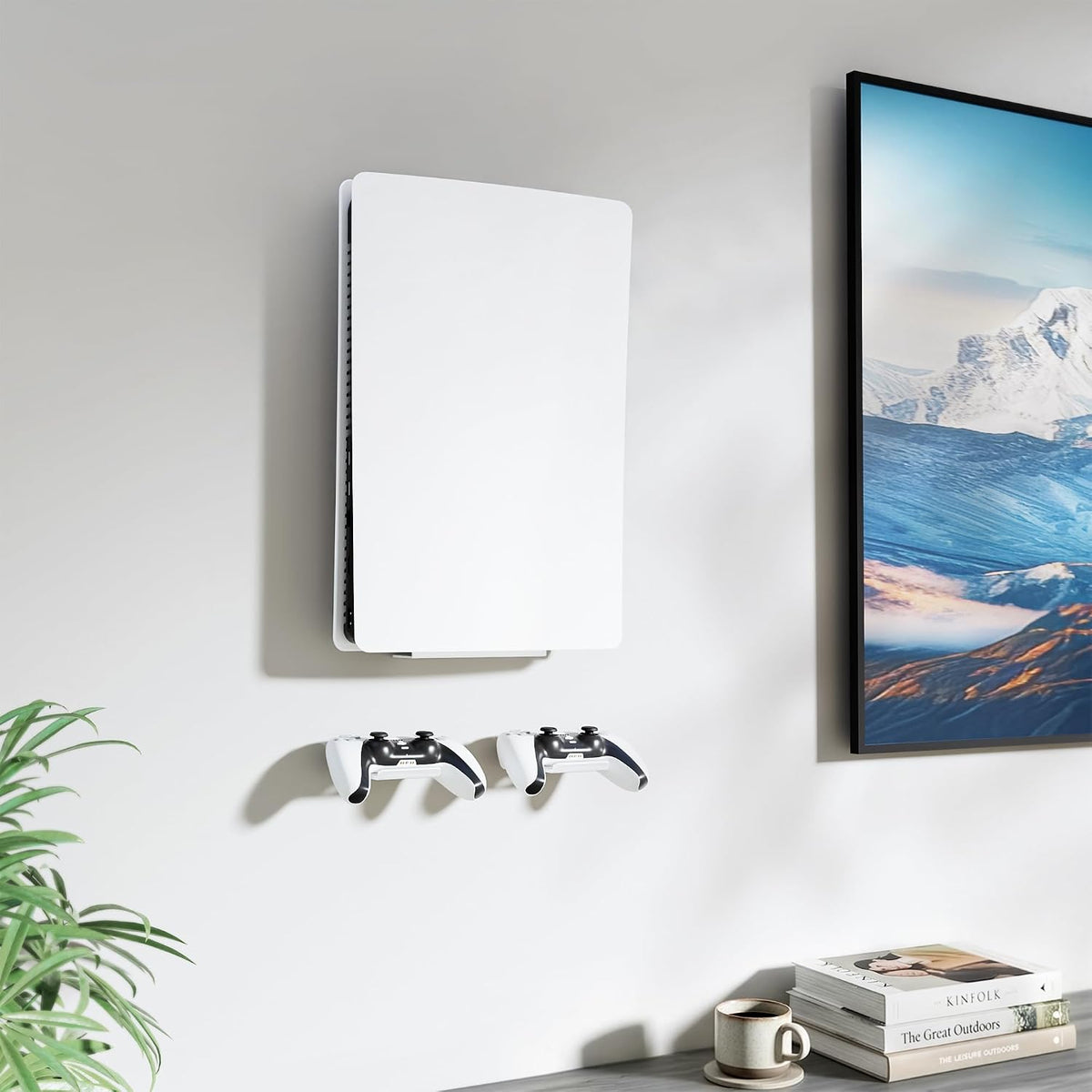 pickpiff PS5 Wall Mount Bracket, Compatible with All PlayStation 5 Models (Disc, Digital, Slim & Pro), Adjustable Console Holder with 2 Controller Holders, White