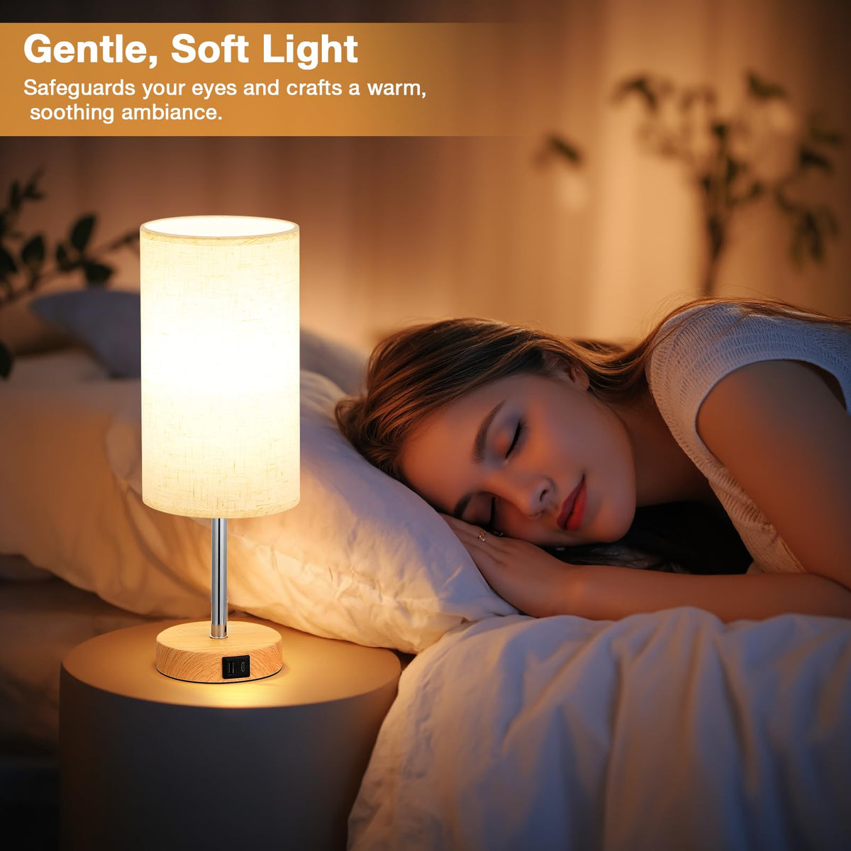 Aooshine Grey Table Lamp, 3-Way Dimmable, USB A + C Charging