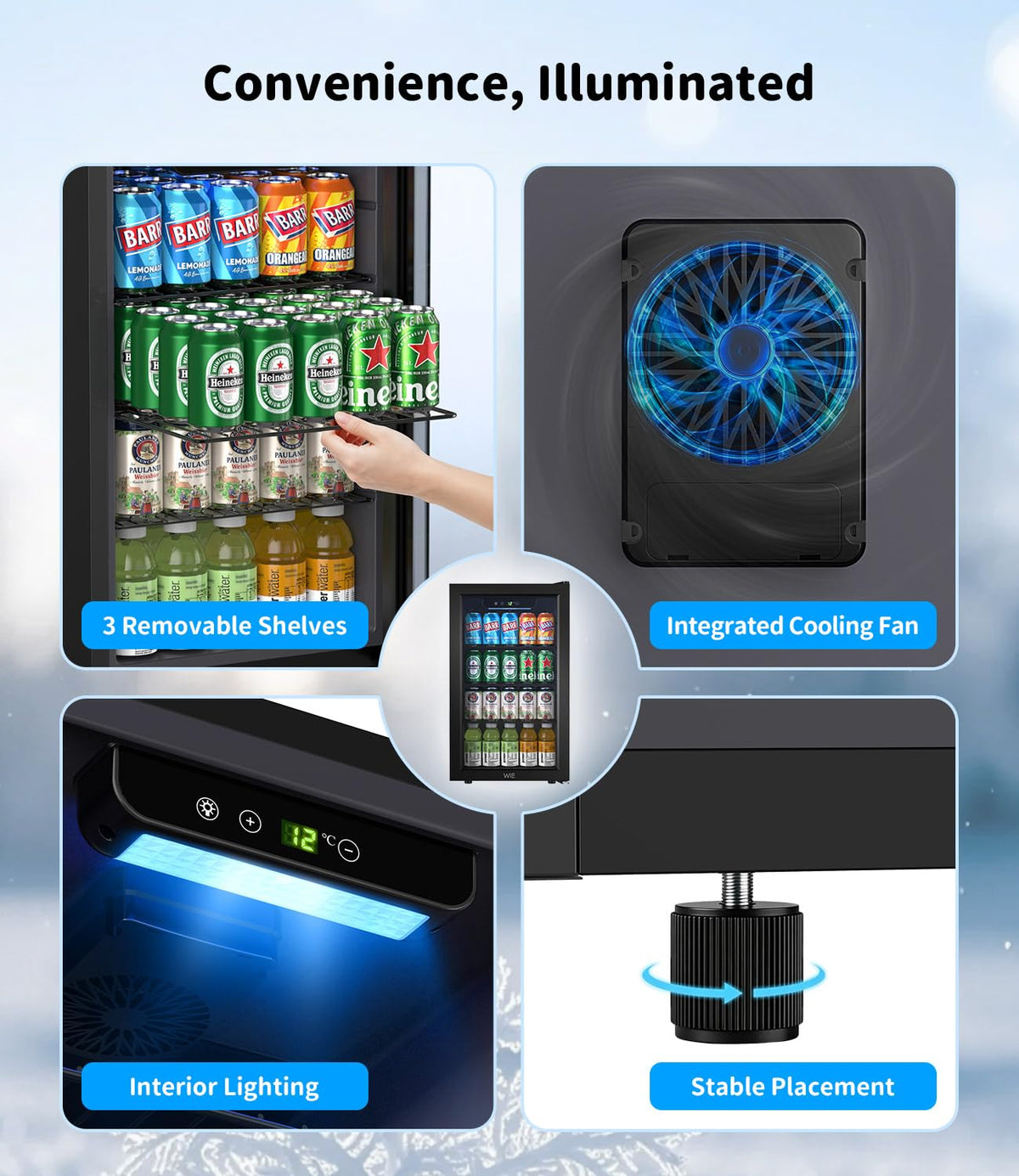 WIE 48L Drinks Fridge with Glass Door, Beer Fridge for 68 Cans or 12 Wine Bottles, Mini Fridge 4-16°C Touch Control, Quiet Beverage Refrigerators with LED Light, Reversible Door for Home, Bar, Office