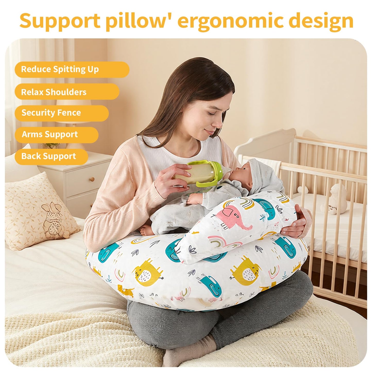 Labtec Nursing Pillow for Breastfeeding Baby, Multifunctional Breast Feeding Pillow with Adjustable Waist Strap and Safety Fence, 100% Cotton Removable Pillowcase, Forest Friends