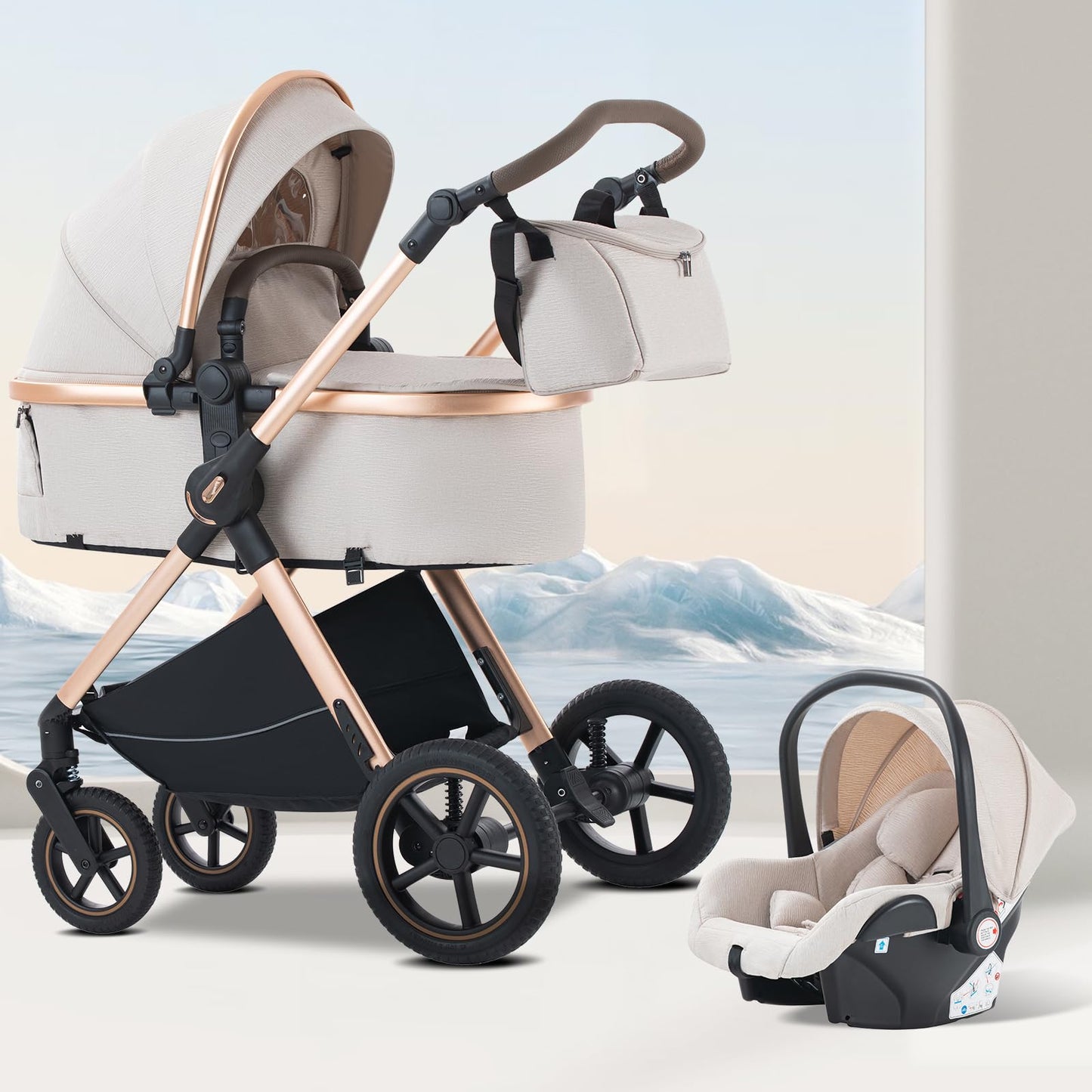 BEBBY Stroller 3-in-1 Baby 3 in 1 with Seat with Foldable Aluminium Frame, Compact Stroller with Adjustable Armrests, Combined Strollers,High Landscape Travel Pushchair (gen-H9-PINK, H9)