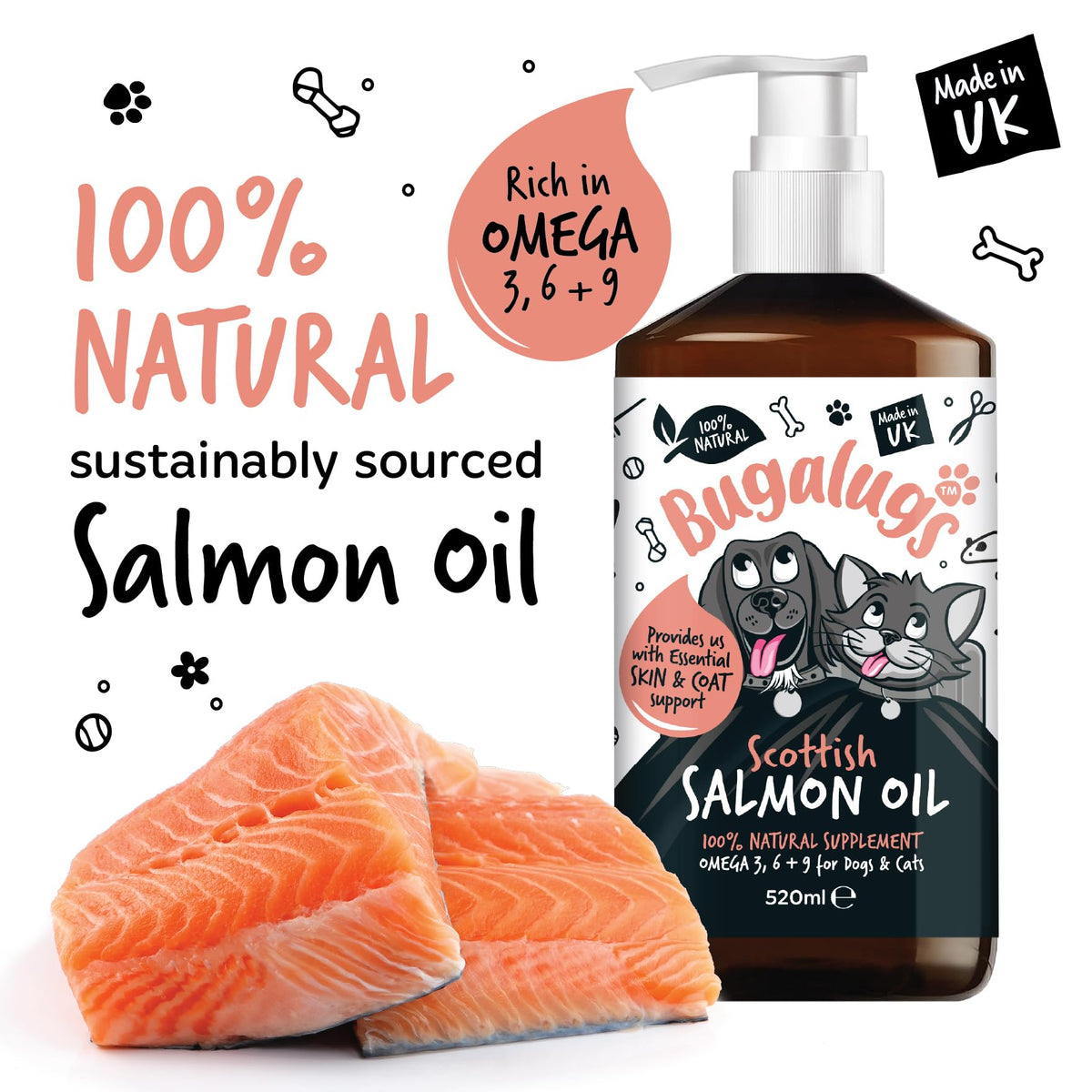 Bugalugs Scottish Salmon Oil For Dogs & Cats, Dog Supplement Support for Skin And Coat, Itchy Skin & Moulting, Omega 3 Fish Oil (Salmon, 500ml)