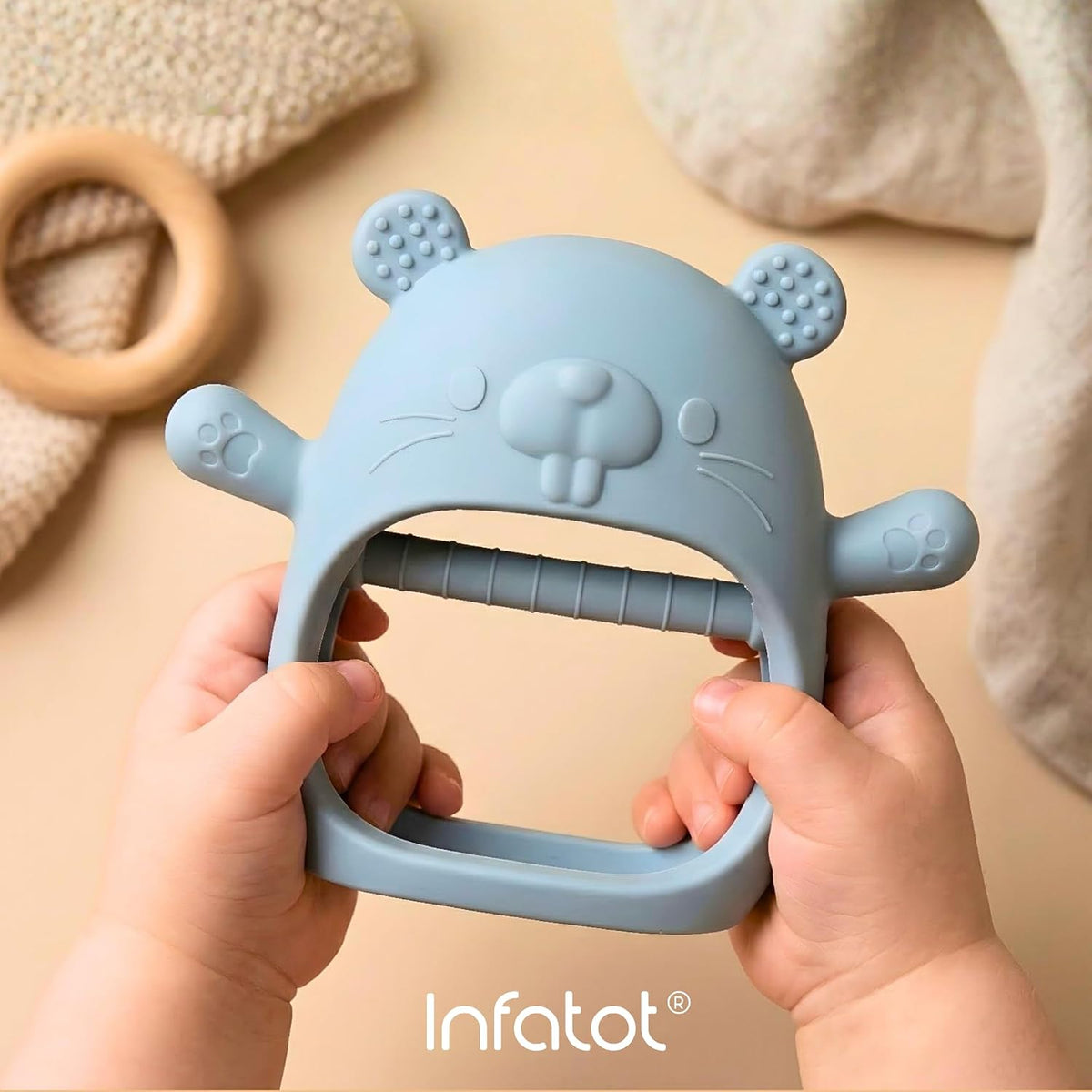 Infatot® Teething Toys for Baby Gifts – Chipmunk Silicone Mitten Teether, Soothing Glove for Infants, Baby Toys 0-6 Months, Soft Chewable Teether Toy to Prevent Finger Sucking, CM Blue.