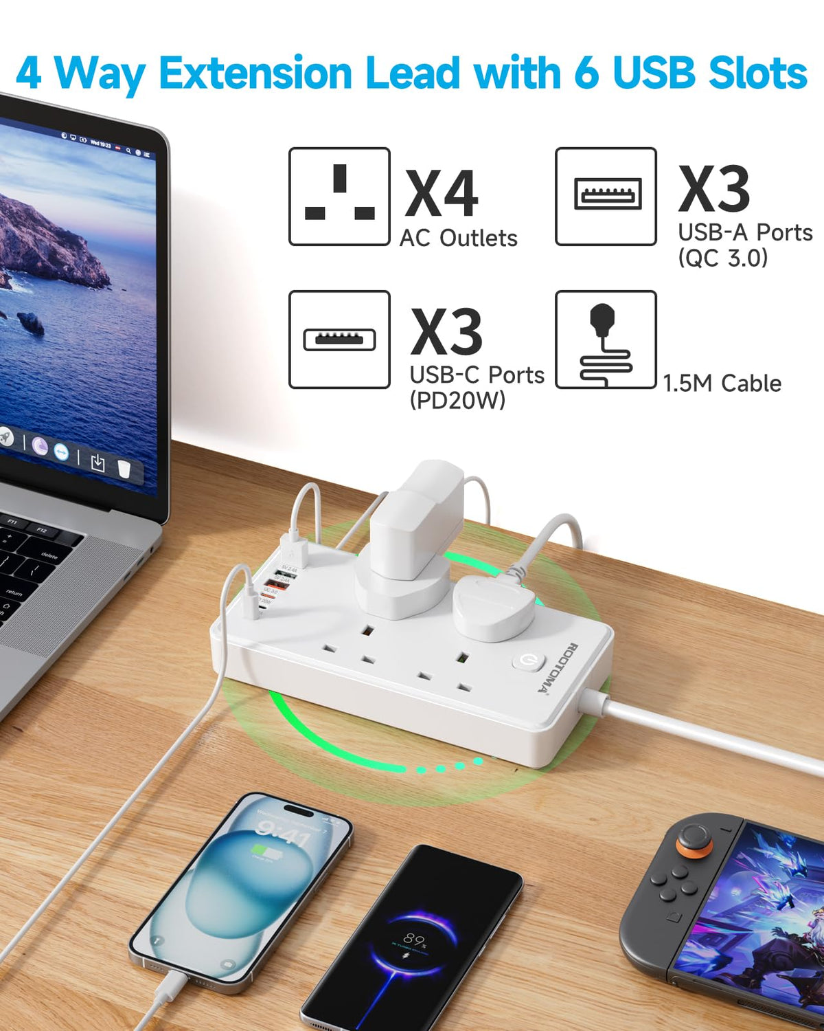 Extension Lead with 6 USB Slots (3 USB C), 4 Way Surge Protected, 3M