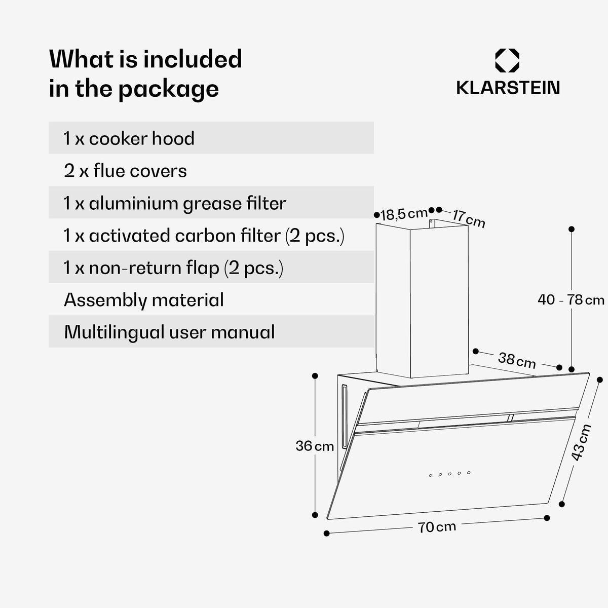 Klarstein Alina 90 Angled Cooker Hood - 615m³/h Air Flow, Touch Panel, LED Backlighting, Quiet 63dB, Energy Class A, 90cm Extractor Hood, Black